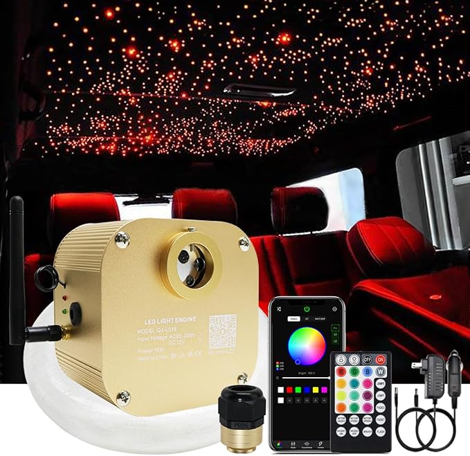 AKEPO 16W RGBW APP+Twinkle+Music Activated Fiber Optic Lights Car Home Star Ceiling Light Kit, RGBW LED Light Engine + Optical Fiber Cable 335pcs 13.1ft/4m (0.75+1.0+1.5mm) + 28key Remote