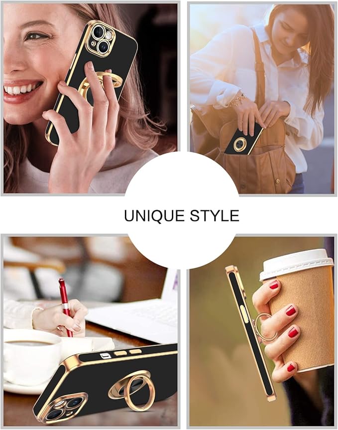 VENINGO iPhone 14 Case,Phone Case for iPhone 14,Slim Fit Soft 360° Ring Holder Kickstand Magnetic Car Mount Supported Easy Clean Shockproof Protective Cover for iPhone 14 6.1" 2022, Black/Golden