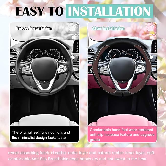 SuperKaKa Brown Car Steering Wheel Cover 2025, Universal Auto PU Cute Breathable Slip-Proof Comfort Imitation Leather Protector Cars Interior Accessories for Women Men Fit Most Vehicle