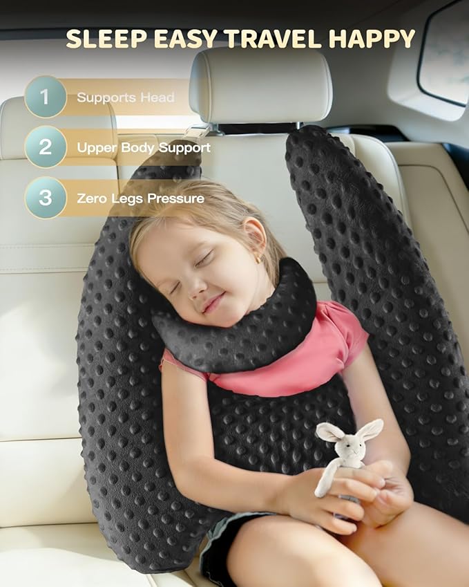 Memory Foam Kids Travel Pillow, Car Pillow for Kids, H-Shape Car Pillows for Sleeping, Removable Pillowcase, Adjustable, Velvet Dots, Black