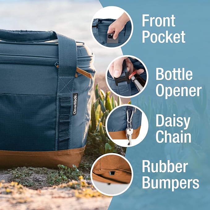 CleverMade Collapsible Insulated Cooler Bag – Leakproof Soft Cooler for Beach, Travel, Car – Bottle Opener