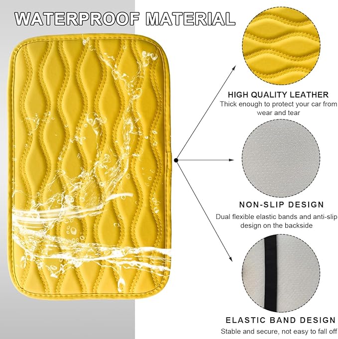 Car Center Console Cushion Pad, 12.48×7.40 Inches Waterproof Car Armrest Seat Box Cover, Comfortable PU Leather Vehicle Armrest Cover Protector, Car Decor Interior Accessories (Yellow)