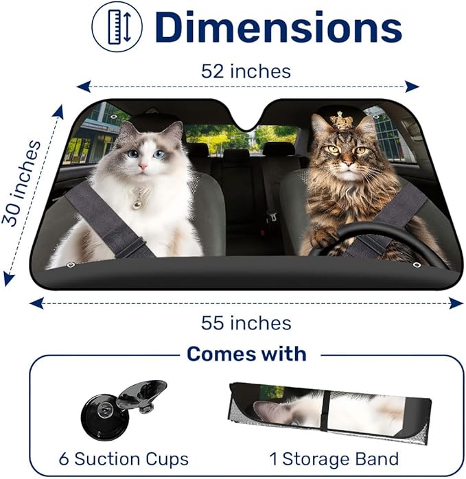 GENANY Lovely Cat Couple Windshield Sun Shade for Car SUV Truck (55x30 Inches), Sun Shade Windshield, Shades for Front Windows, Sunshade for Car Windshield, Protector Blocks UV