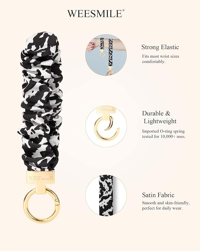 WEESMILE Keychain Wristlet, Stretchy Key Chain for Car Keys with D ring, Cute Scrunchie Wrist Bracelet for Women Men
