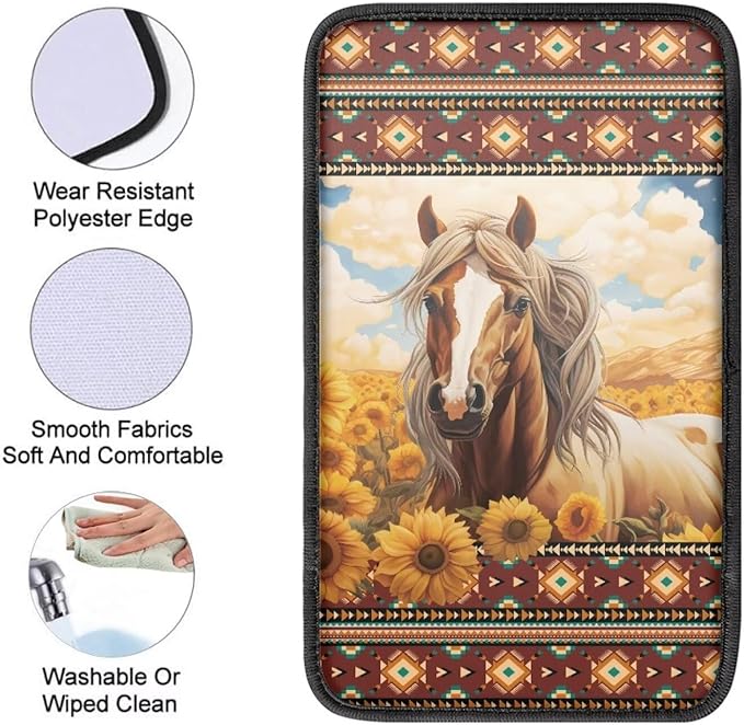 Aztec Horse Center Console Cover for Cars, Non-Slip Car Armrest Cover Auto Armrest Box Cover Horse Cars Interior Accessories Universal Fit Most Vehicle Trucks
