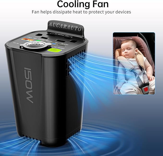 150W Power Inverter 6 in 1 DC 12V to 110V AC Inverter with 60W Dual USB-C and 18W USB-Fast Charger & 2 AC Outlets, Car Pluɡ Adapter Outlet for Laptop/Phone/GPS | Cup Holder Design for Travel