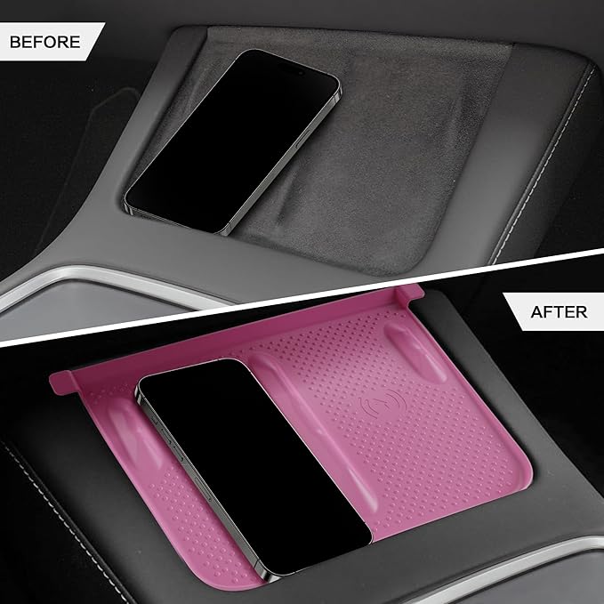 HSB Upgrade Silicone Mat for Tesla Model Y Model 3 Center Console, Wireless Charging Phone Pad, Interior Accessories (Not for 2024 Model 3) (Pink)