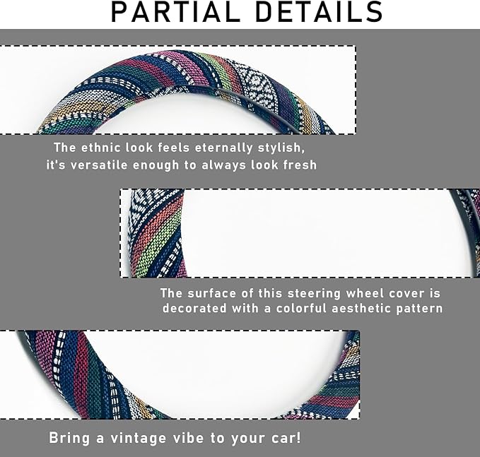 Boho Steering Wheel Cover, 15.0"×15.0" Anti-Slip Baja Blanket Ethnic Steering Wheel Protector, Breathable Flax Cloth Elastic Bohemian Steering Wheel Cover, Car Accessories (Style B)