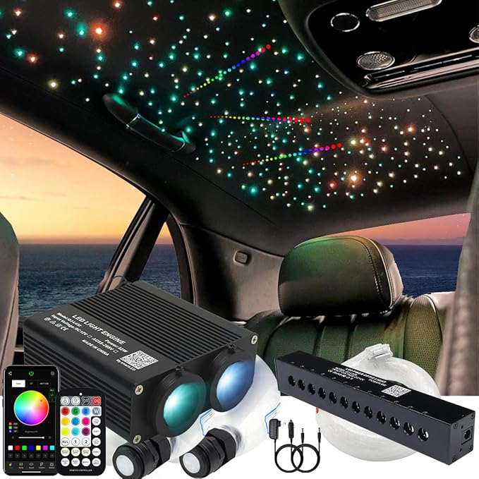 AZIMOM Dual Color 32W Fiber Optic Starlight Headliner Kits 900pcs 0.03in 9.8ft, RGB Meteor Shooting Star, Sound Activated Remote APP Control Home Car Ceiling Décor