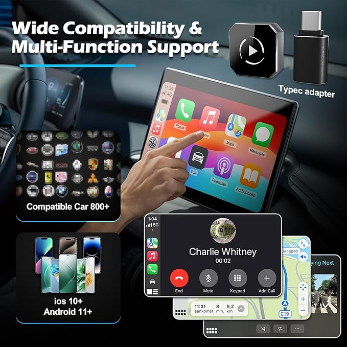 Wireless CarPlay & Android Auto Adapter, 2-in-1 USB Dongle Converts Wired to Wireless, 5GHz WiFi & Bluetooth Plug & Play, Keeps Factory Controls, USB-C Adapter, Wired Required, iOS 10+ Android 11+