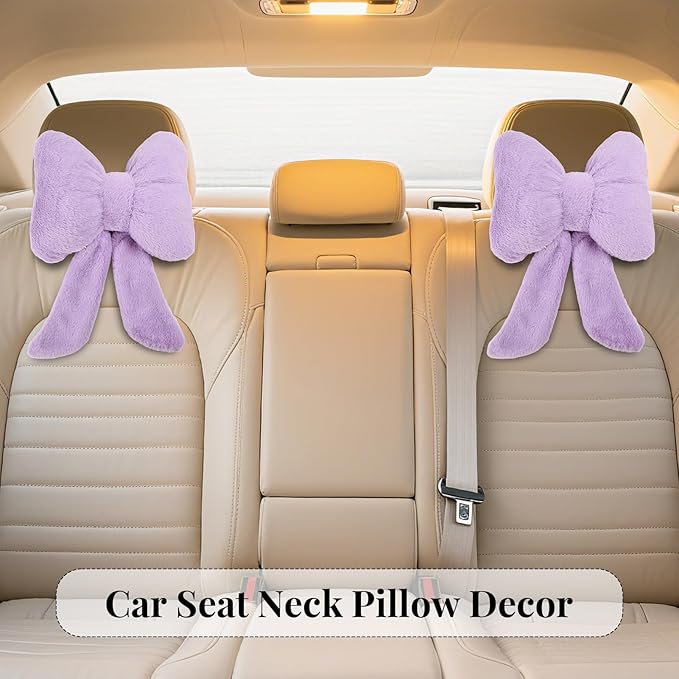 Bow Car Headrest Pillows Plush Car Neck Pillows for Travel Driving Office Chair Head Support Cushions, Also Cute Car Decor Accessories (2PCS Purple)