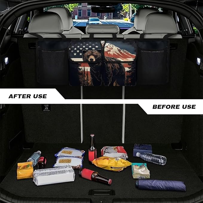 American Flag Bear Hanging Trunk Organizer, Foldable Back Seat Trunk Organizer with 4 Large Compartments, Universal for Vehicles