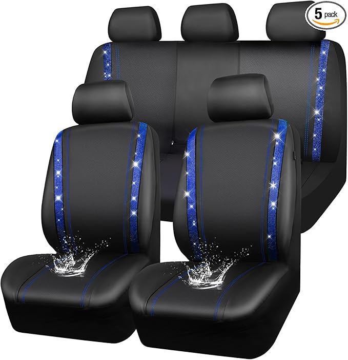 CAR PASS Bling Diamond Car Seat Covers Full Set, Shining Rhinestone Waterproof Faux Leather, Rear with Zipper, Universal Fit Automotive Glitter Crystal Sparkle Strips for Cute Women Girl, Blue