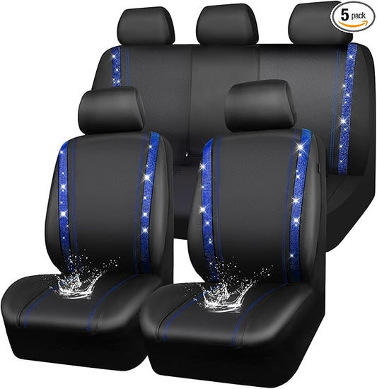 CAR PASS Bling Diamond Car Seat Covers Full Set, Shining Rhinestone Waterproof Faux Leather, Rear with Zipper, Universal Fit Automotive Glitter Crystal Sparkle Strips for Cute Women Girl, Blue