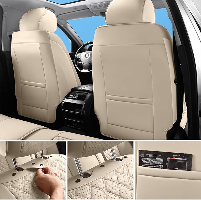 Car Seat Covers Full Set Beige, Luxury Faux Leather Car Seat Covers Waterproof Non-Slip Seat Protector Universal Fit for Most Cars SUVs Trucks Pick-ups,Car Accessories for Front Seats and Back