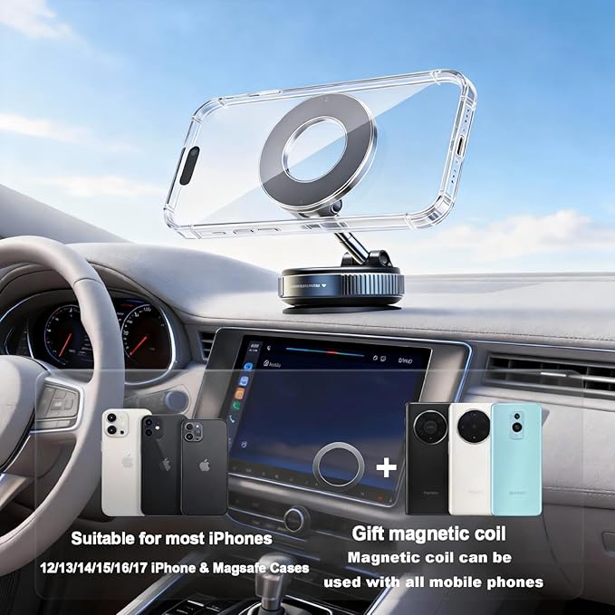Magsafe Car Mount 2026 Upgraded, 360° Adjustable Magnetic Car Phone Holder[98 LBS Strongest Suction] Dashboard Windshield Vacuum Magnetic Phone Holder for Your Car fit iPhone & Android