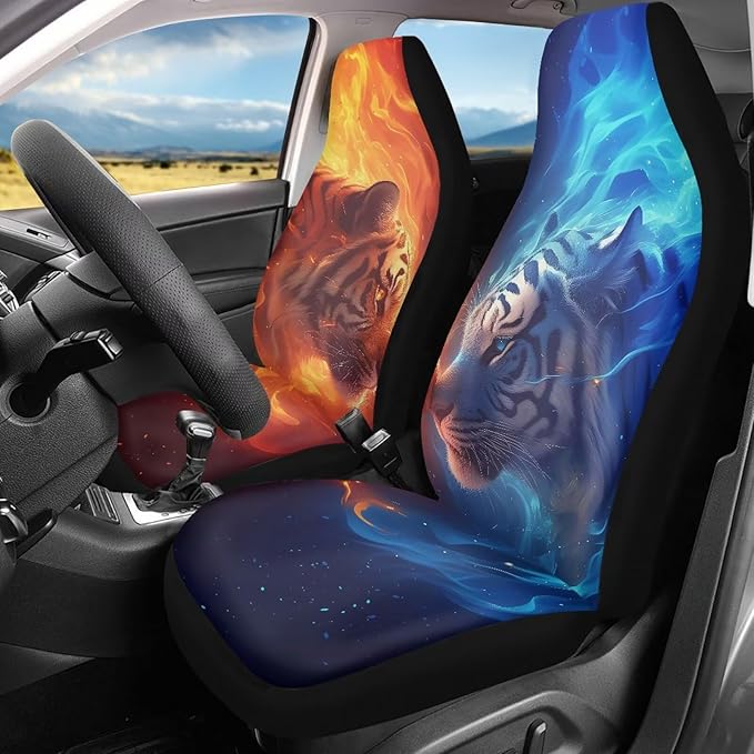 Cool Tiger Car Seat Covers Breathable Front Seat Covers Easy Installation Stretch Polyester Fabric Cover Protection Interior Accessories Universal Fit Most Cars SUV
