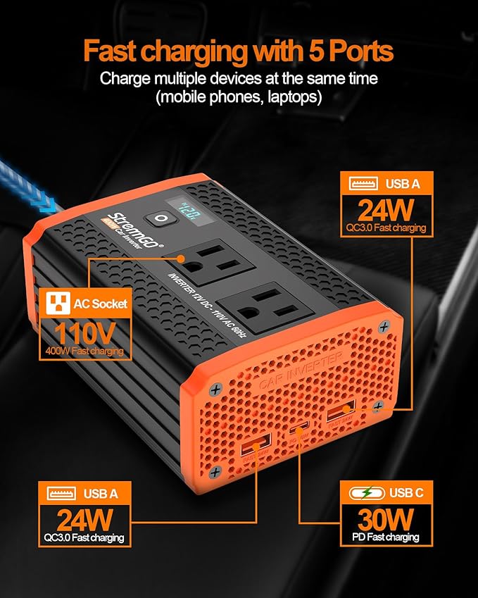 400W Car Power Inverter for Vehicles, Portable Charger Converter Dual AC Car Plug Adapter Outlet, USB 24W/30W Fast Charger, Car Cigarette Lighter Adapter for Laptop, Phone on Road Trip Essentials