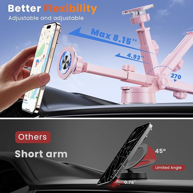 for MagSafe Magnetic Car Phone Holder [2026 Upgraded Strongest Magnet] Car Mount Suction Cell Stand for Dashboard Windshield Vent Compatible with iPhone 16/15/14/13/12/11 Android etc-Pink