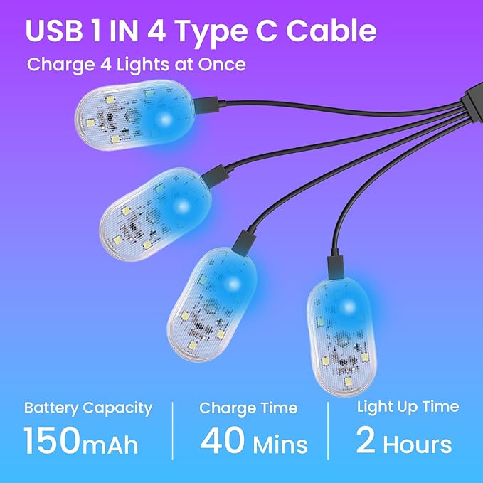 4PCS Wireless Car Led Ambient Lights, 7 Colors RGB Car Interior Light with Remote & Touch Control, Magnetic Rechargeable Type-C Mini LED Light for Cars, Cabinet, Wardrobe