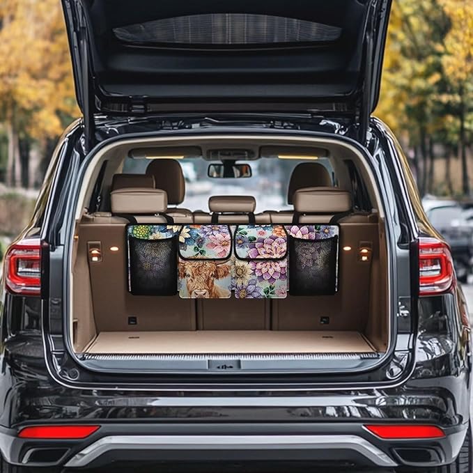Highland Cow Car Trunk Organizer with Lid Boho Mandala Floral Blossom Large Capacity Backseat Hanging Organizer for Grocery Cargo