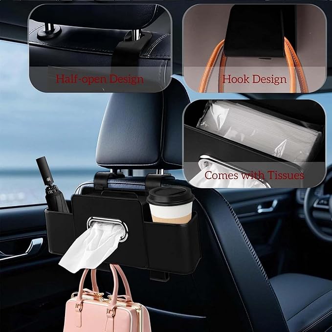 3-in-1 Car Backseat Organizer, 2026 Upgraded Multifunctional Car Seat Back Storage Box, Backseat Car Organizer with 2 Cup Holders, Tissue Box & Hooks, Universal Car Essentials (2Pack D)