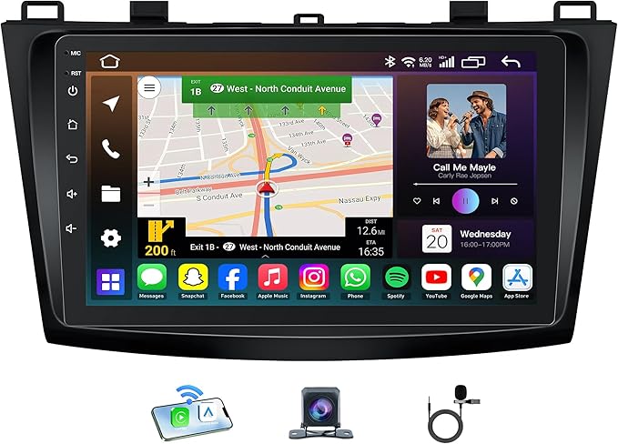 Car Stereo for Mazda 3 for 2010 2011 2012 2013 - with Wireless CarPlay Android Auto 9" Touchscreen 4+64GB GPS BT5.4 Backup Camera - Fit for Bose System