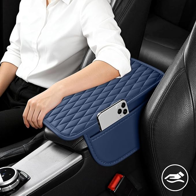 Car Armrest Cushion Pad, Leather Vehicle Center Console Cover with 2 Storage Bags, Non-Slip Automotive Interior Arm Rest Seat Box Cover Accessories, Universal for SUV RV Sedan (Dark Blue)