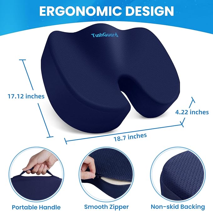TushGuard Seat Cushion, Office Chair Cushions, Car Seat Cushion, Non-Slip Sciatica & Back Coccyx Tailbone Pain Relief Chair Pad, Memory Foam Butt Pillow for Computer Desk, Office Chair(Blue, XXL)