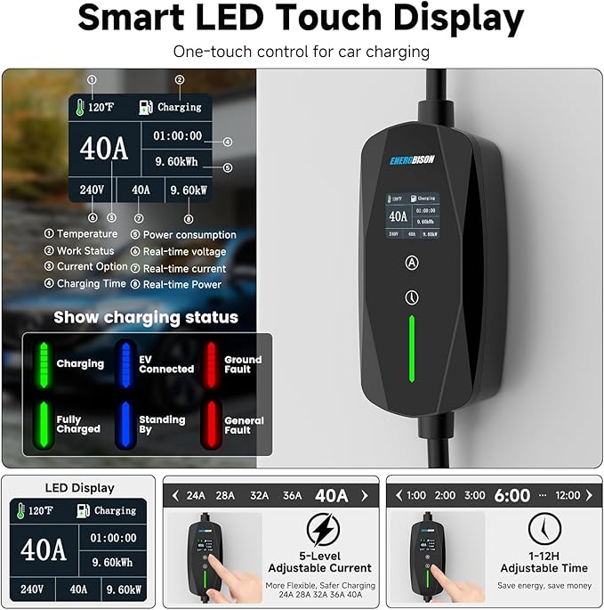 Level 2 EV Charger, 40A/9.6KW Electric Vehicle Portable Charger with 25FT Cable, Home EV Charging Station, 240V NEMA 14-50 Plug, for All SAE J1772