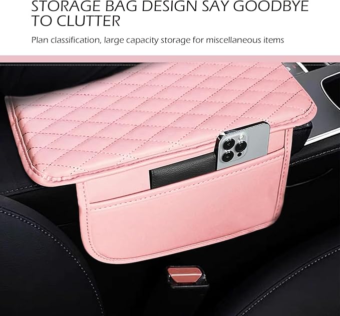 Car Center Console Cover, Waterproof Leather Car Armrest Cover Cushion with Side Storage Pockets, Upgraded Vehicle Armrest Storage Box, Universal for SUV, Sedan, Truck (Pink)