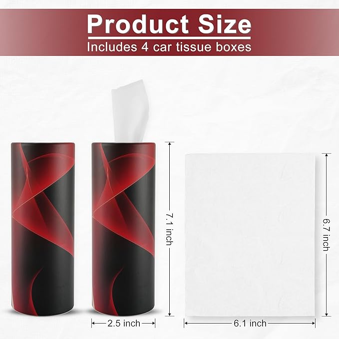 SINGARO Car Tissue Holder, 4 Pack Car Cup Holder Facial Tissues with Travel Tissue Bag, Quick and Convenient Flower Combination Car Tissue Box(4 Canisters/200 Tissues) Black - Red