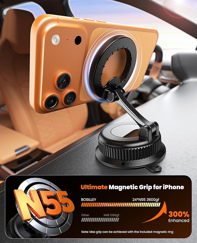Magnetic Car Phone Holder for MagSafe, Strong Suction Cup Car Phone Mount for Dashboard & Windshield, 360° Rotatable & Foldable, Adjustable Cell Phone Holder for Car, Fits iPhone 12–17 Series
