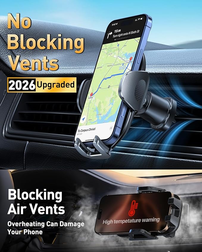 HTU 【Military-Grade Car Phone Holder,【Strongest & Longest Steel-Hook】 Car Vent Mount, Handsfree 360° Adjustable Automobile Cradle Air Clip Stand for iPhone 17 16 15 14 Pro Max Samsung (Light Blue)