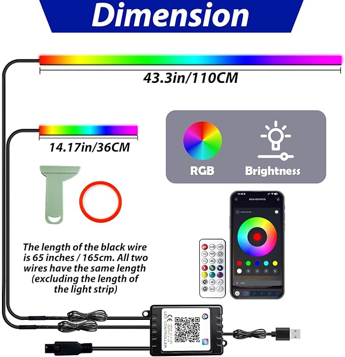 Car Led Strip Lights, Interior Car Lights, App and Remote Control Ambient Lighting Kit with RGB 16 Million Colors Fiber Optics&Music Sync Rhythm, USB Neon Light Accessories for Center Console&Door