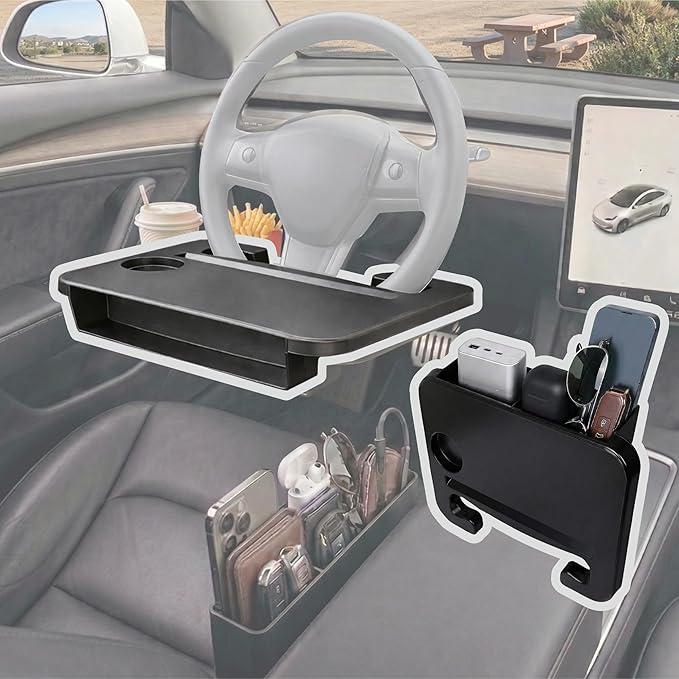 Car Seat Gap Organizer with Steering Wheel Tray, 2-in-1 Anti-Drop Storage Filler for Sedans, Compact Car Tray for Food, Laptop, Coffee and Daily Essentials