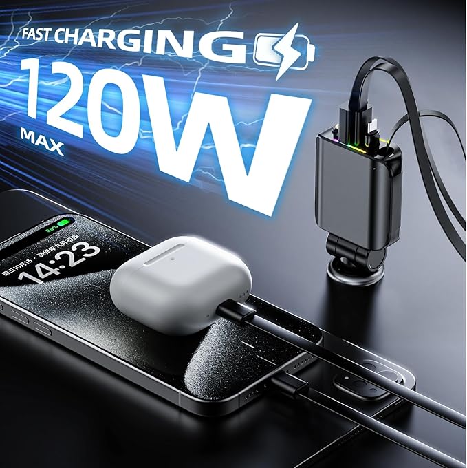 [2026 Ultra-Slim, 75% Less Space] Retractable Car Charger with Starlight, Max 120W USB C Car Charger Adapter, Cars Phone Chargers Fast Charging, Car Chargers for iPhone 17 16 Pro Max Plus and Android