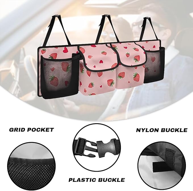 Strawberry Trunk Seat Organizer Back Seat Hanging Organizer for SUV, Sedan, Pink Trunk Oxford Cloth Bag, Equipped with Robust Elastic Net, Space Saving Expert
