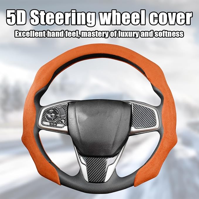 Mandark Car Steering Wheel Cover, Suede Sport Vehicle Steer Wheel Protector Fitting 15 Inch, Non-Slip Comfortable Automotive Interior Decoration Accessories, Universal for Most Cars (Orange)