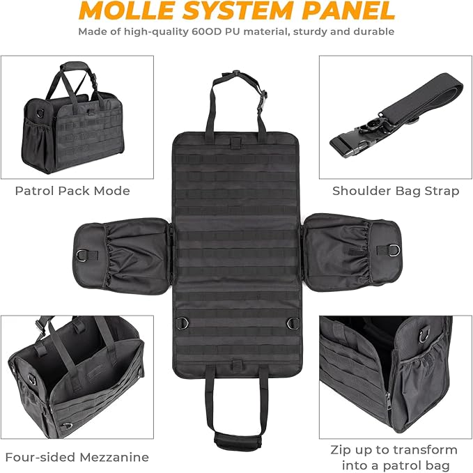 Universal Tactical Car Seat Back Organizer Patrol Bag Tactical Molle Vehicle Organizers with 5 Detachable Molle Pouches Multi-function Designed