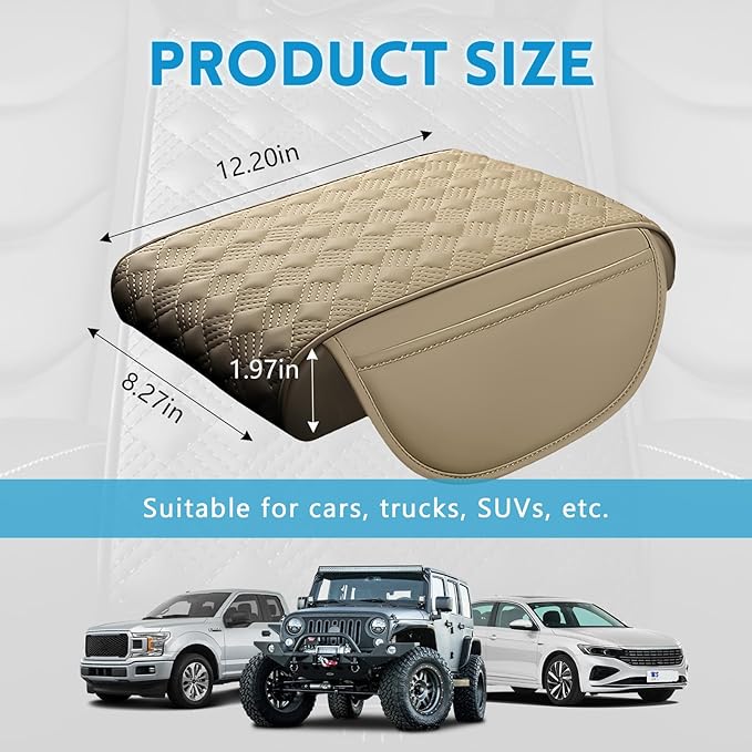 wuyaoyao Car Center Console Cover, 12.2"×8.27"×1.97" Leather Center Console Protector, Auto Armrest Pad with 2 Storage Pocket, Universal Armrest Cover Cushion for Most Cars, Trucks, SUVs (Beige)