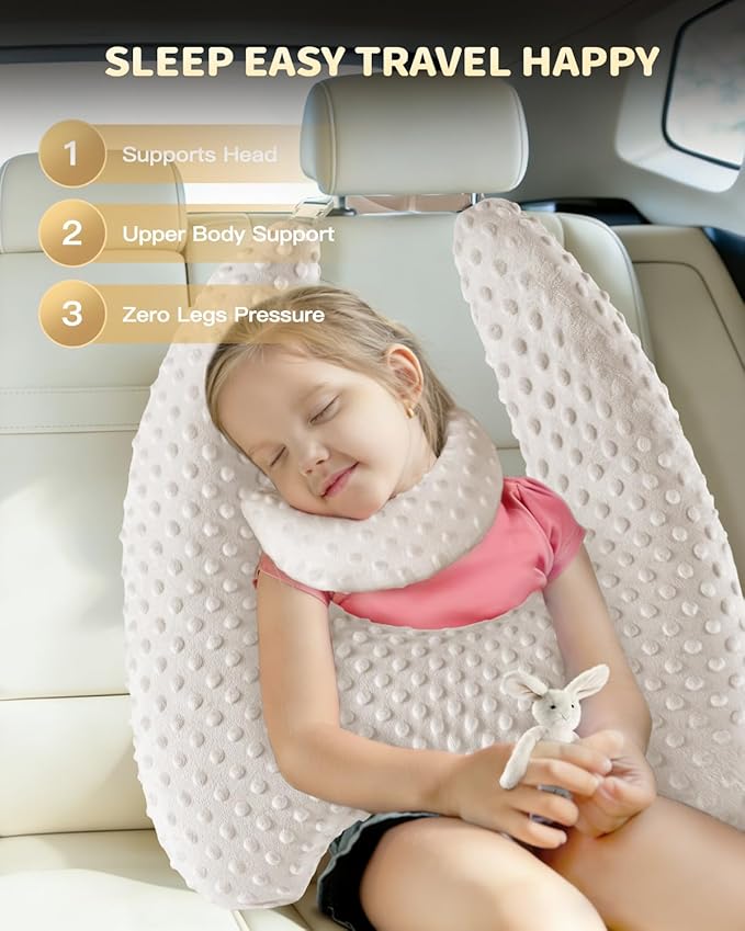 Memory Foam Kids Travel Pillow, Car Pillow for Kids, H-Shape Car Pillows for Sleeping, Removable Pillowcase, Adjustable, Velvet Dots, Beige