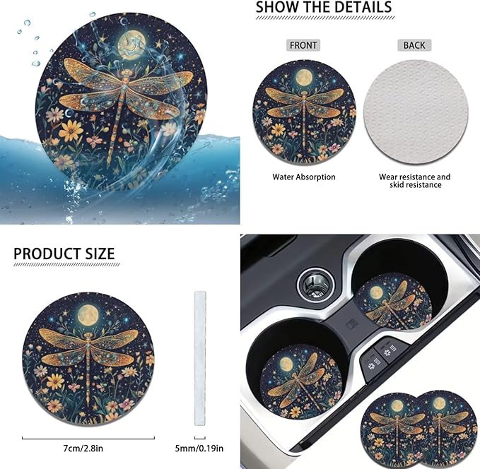 Dragonfly Print Car Steering Wheel Cover Sets for Women Moon Flower Auto Interior Accessories Cup Holder Armrest Pad Seatbelt Cushion Fit Vans Trucks,SUV