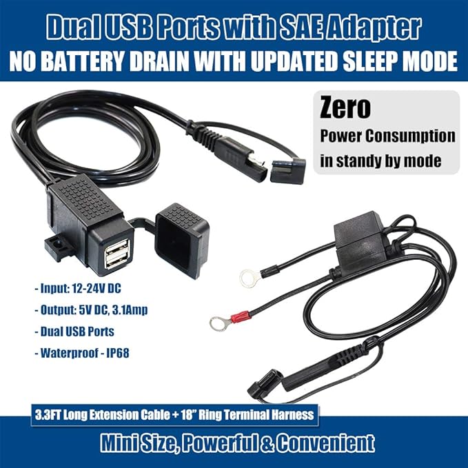 MOTOPOWER MP0609EA 3.1Amp Waterproof Motorcycle Dual USB Kit SAE to USB Adapter Cable with SAE Ring Terminal Cable Harness