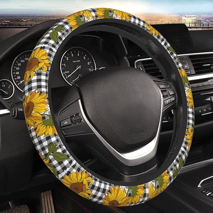 Checkered Sunflowers Steering Wheel Cover Women Men Elastic Stretch Soft Car Wheel Protector Universal Breathable No-Slip Car Accessories for Truck Van SUV Auto Fit 14-15 Inches