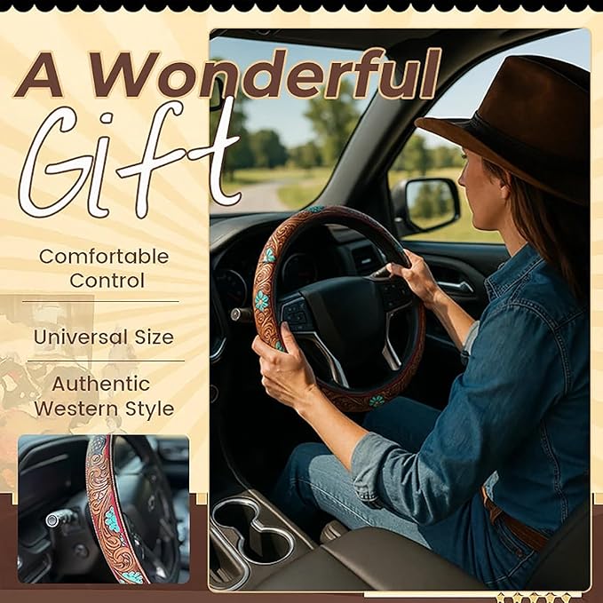 Western Steering Wheel Cover, Color Printed Embossed Hand-Painted Leather Western car Parts, for Women Man, Anti-Slip Design Easy to Install, for Trucks SUVs Cars (Style 6)