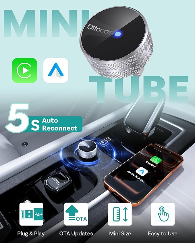OTTOCAST Mini Tube Wireless CarPlay Android Auto Adapter 2026, Cut The Cord, Zero Lag 5GHz WiFi, Plug & Play for Factory Wired Apple CarPlay