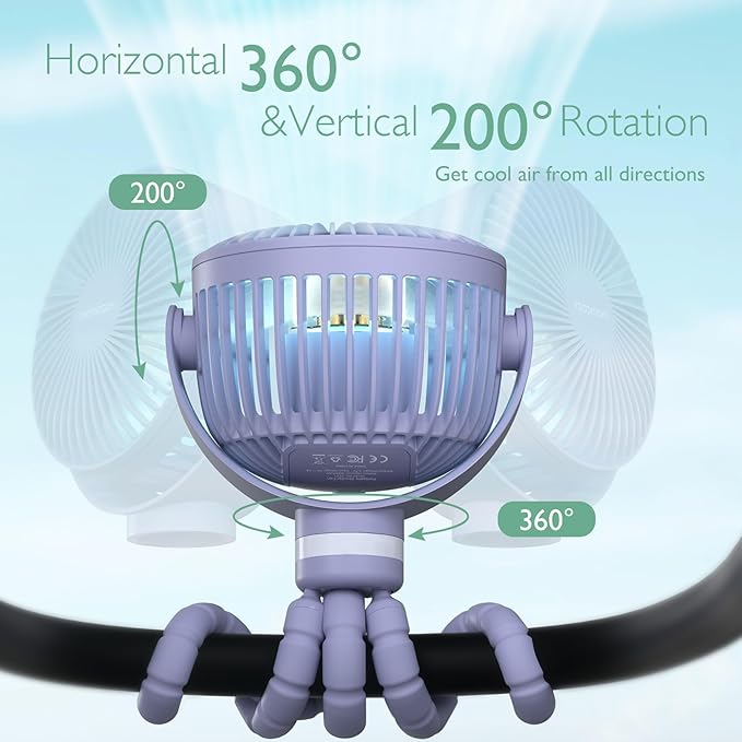Momcozy 8000mAh Portable Stroller Fan, 27H Ultra-long Battery Life Detachable 4 Speed 360°Rotate LED Night Light with 2 Modes, USB Rechargeable Handheld Cooling Fan for Travel/Car Seat/Bedroom