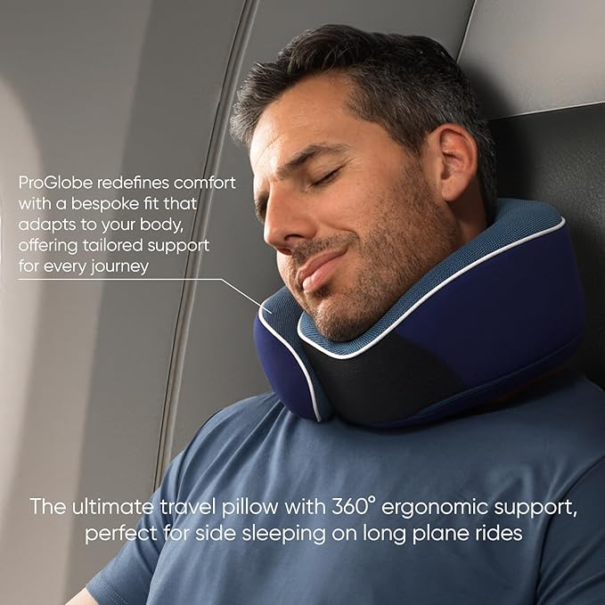 Proglobe Orthopedic Neck Pillow Travel Neck Pillows for Airplanes, Memory Foam Kit, Updated Resting Material, Airplane Travel Set with 3D Contoured Eye Masks, Earplugs, and Luxury Mesh Bag (Blue)
