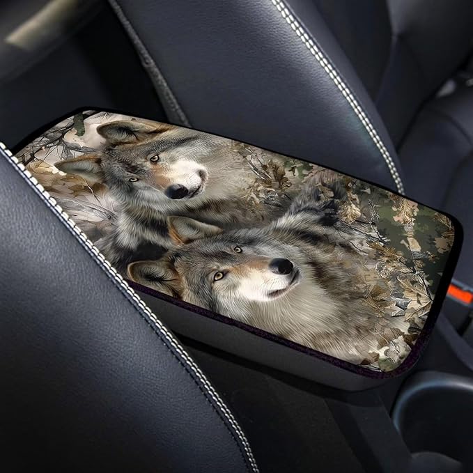 Wolf Print Car Center Console Armrest Cover Camo Hunting Print Armrest Box Cover Center Console Pad Neoprene Car Decor Accessories for Women Men, Easy to Install